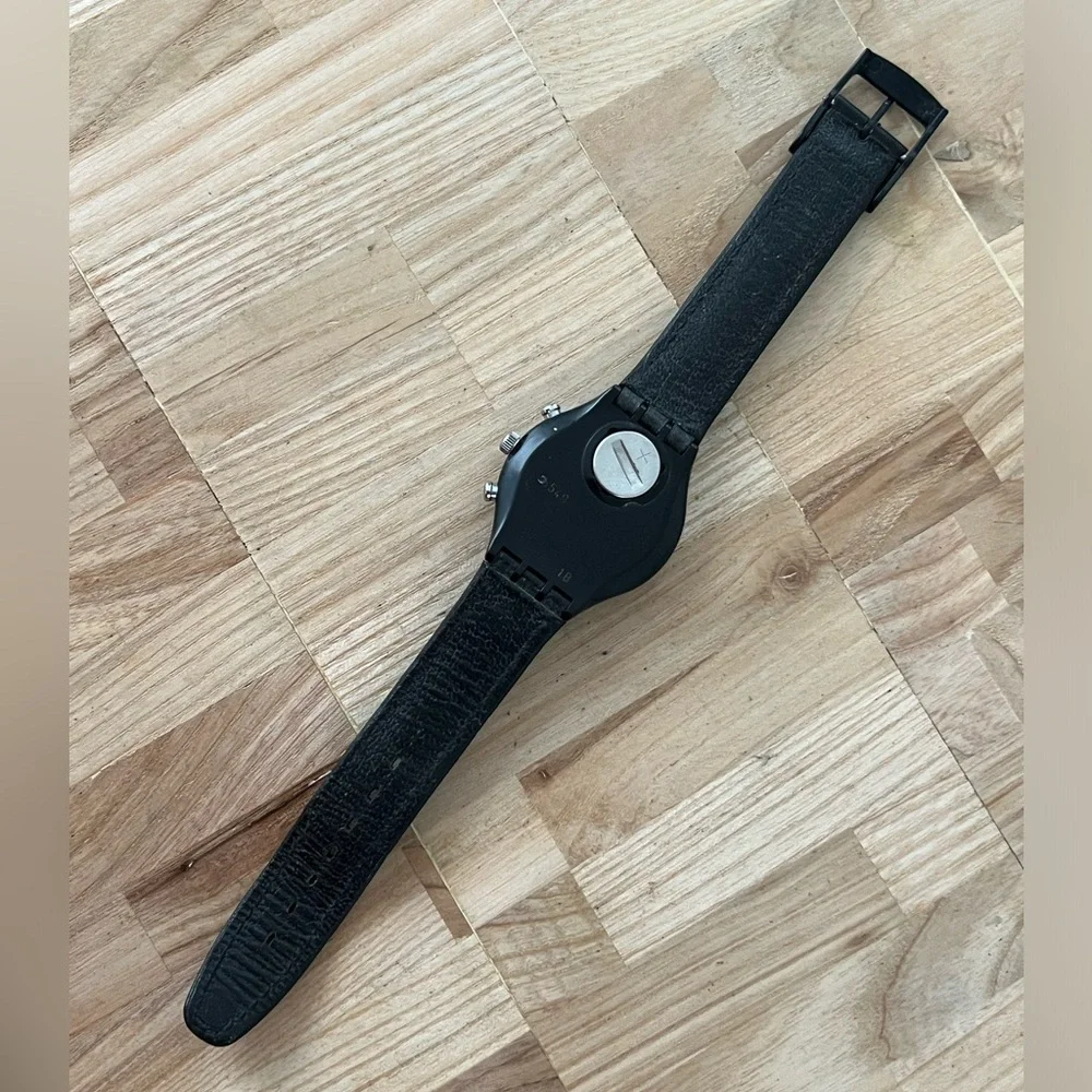 Swatch Chronograph 1991 Wall Street Super Rare Vintage Watch Black Dial Leather